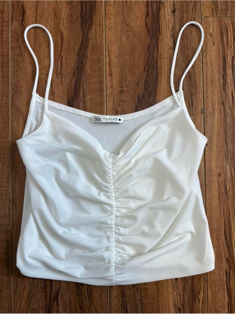 ZARA White Ruched Spaghetti-Strap Cami
